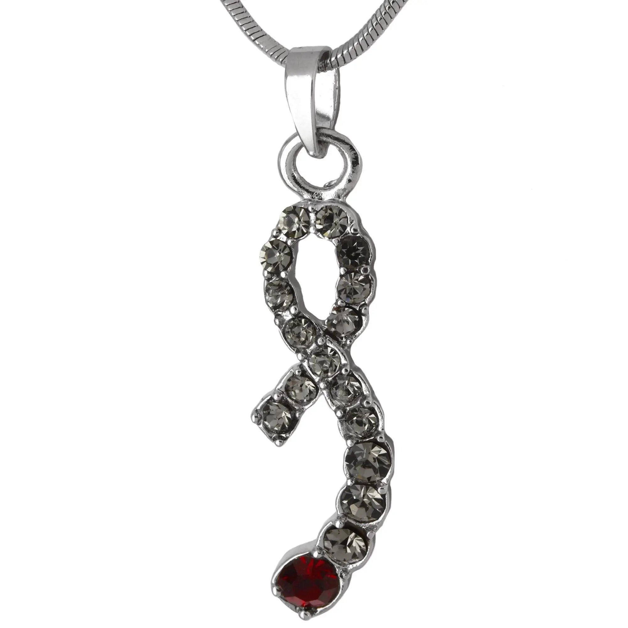 Silver ribbon pendant necklace featuring dark gray and red crystal stones for diabetes awareness journey