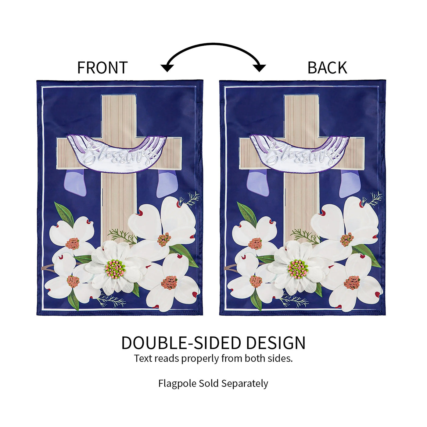 Double-sided dogwood blessings garden applique flag with beige cross embroidered blessings on white banner navy background