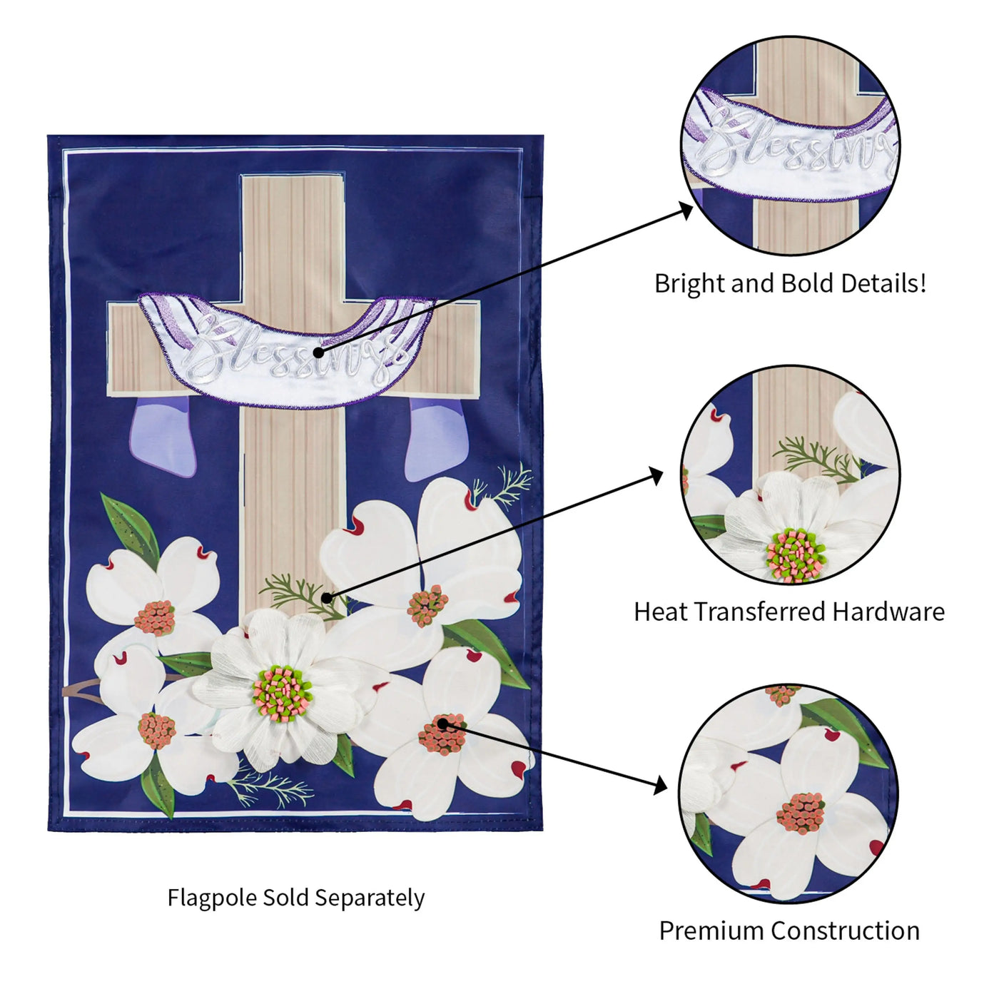 Navy blue garden flag with beige cross white dogwood blossoms and embroidered blessings script for outdoor decor