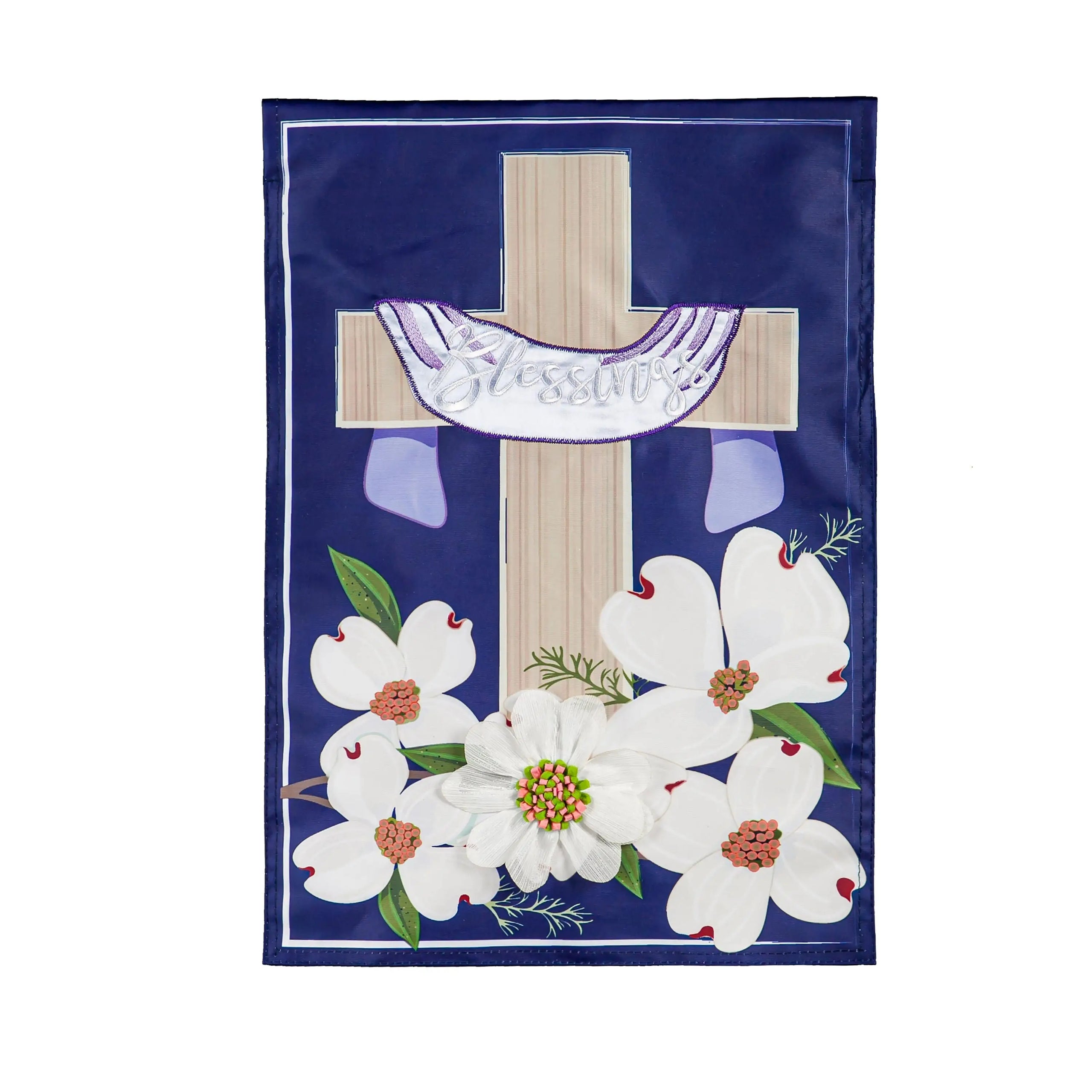 Navy blue garden flag with beige cross white banner reading blessings and white dogwood flowers applique design