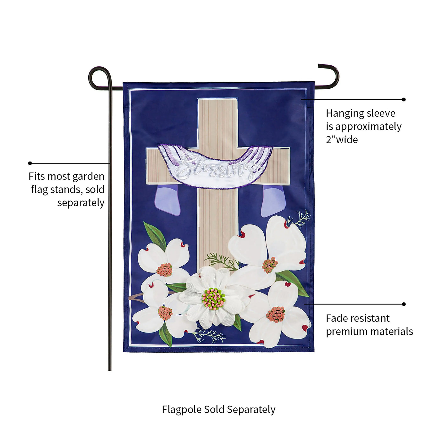 Navy blue garden applique flag with a beige cross white blessings banner and white dogwood flowers