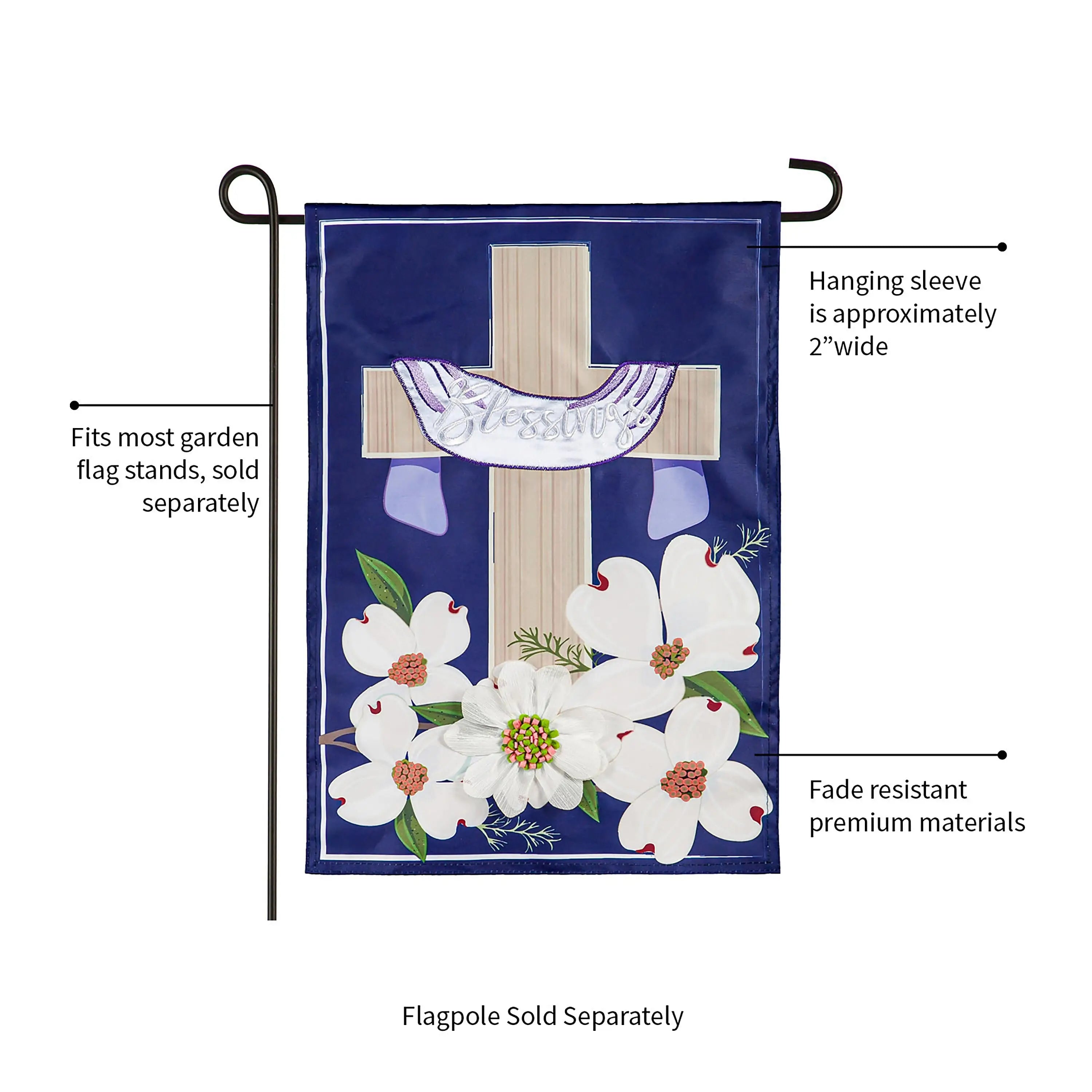 Navy blue garden applique flag with a beige cross white blessings banner and white dogwood flowers