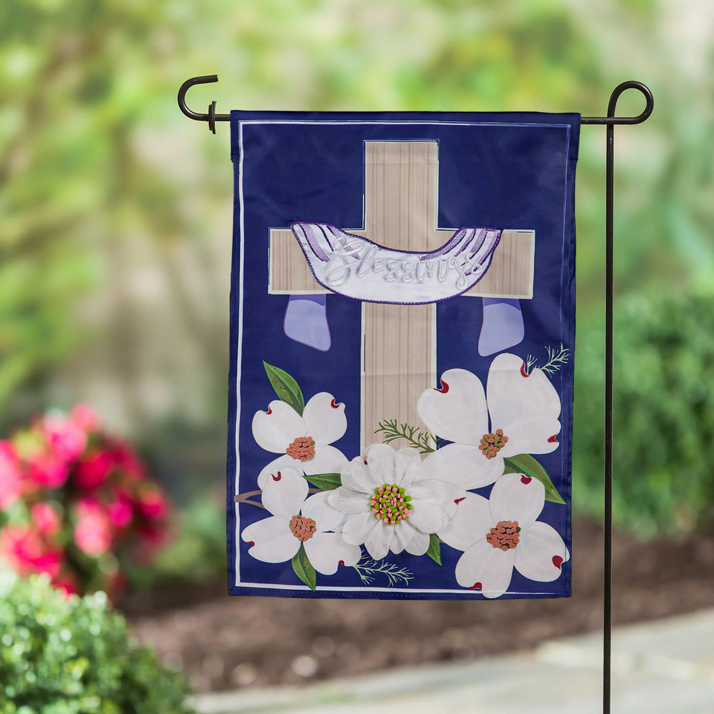 Dogwood blessings garden applique flag in navy blue with beige cross silver blessings script white dogwood flowers and green leaves