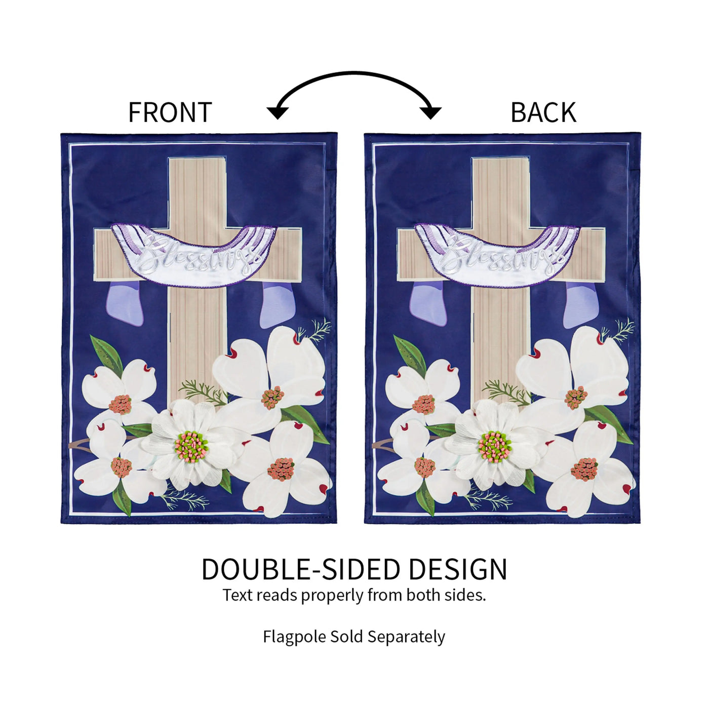 Navy blue double-sided garden applique flag with beige cross embroidered blessings banner and white dogwood flowers