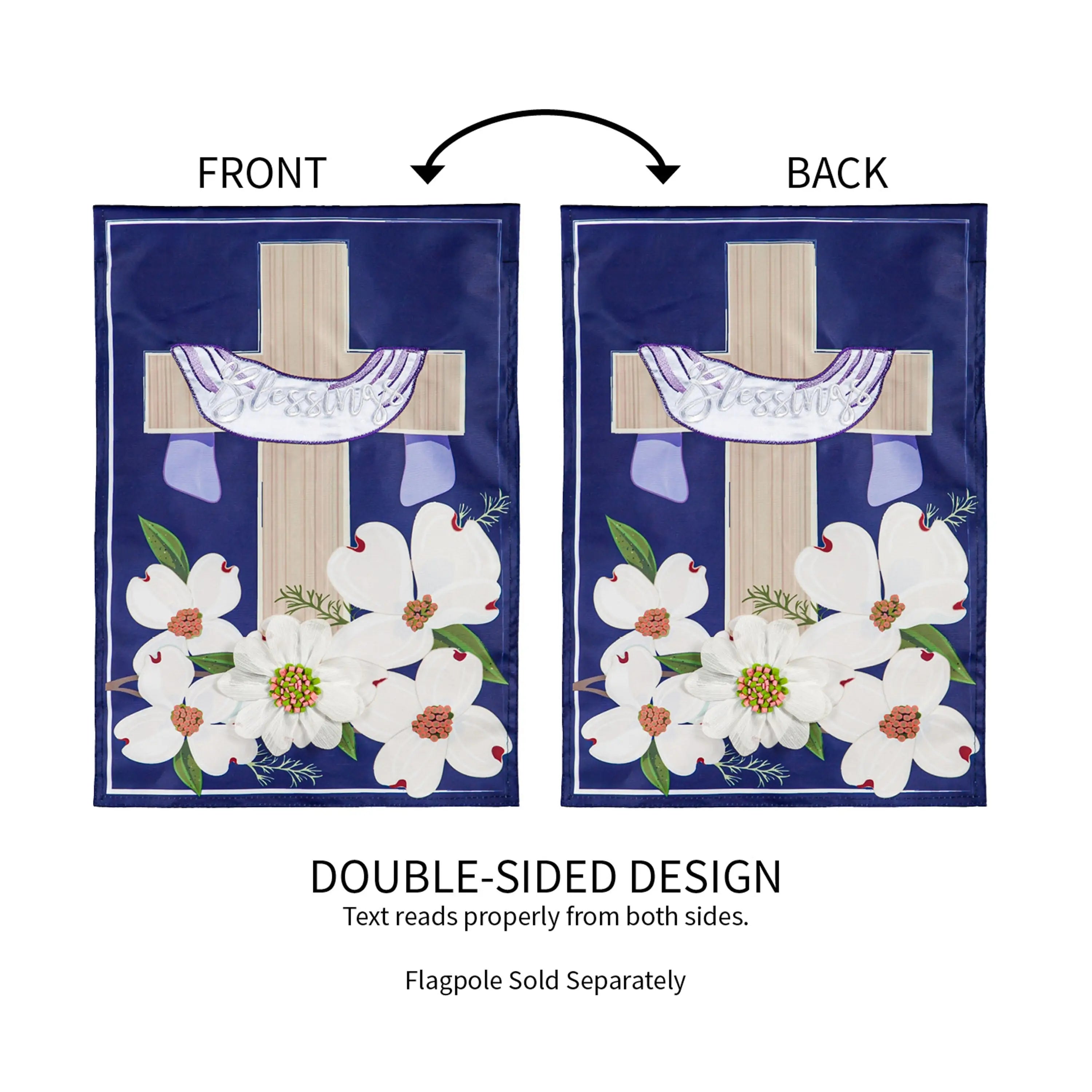 Navy blue double-sided garden applique flag with beige cross embroidered blessings banner and white dogwood flowers