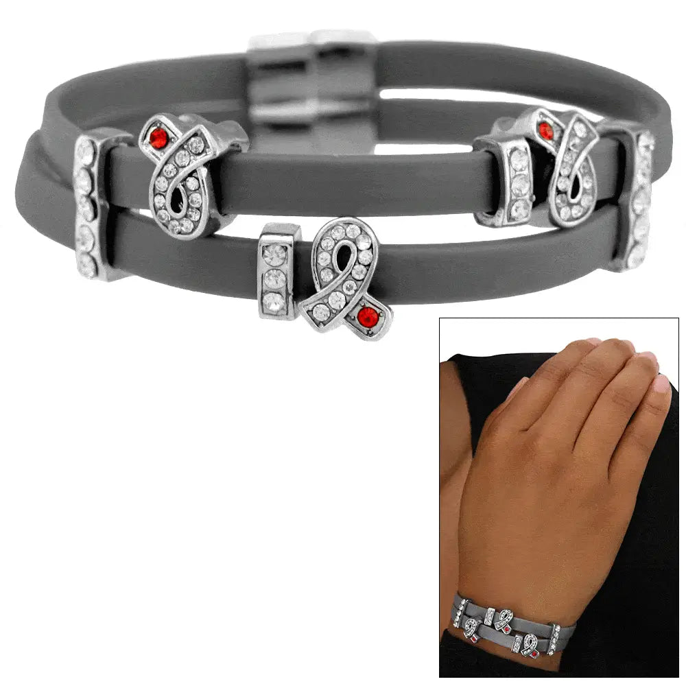 Gray silicone double up diabetes awareness bracelet with silver-toned ribbon charms featuring clear crystals and red stones