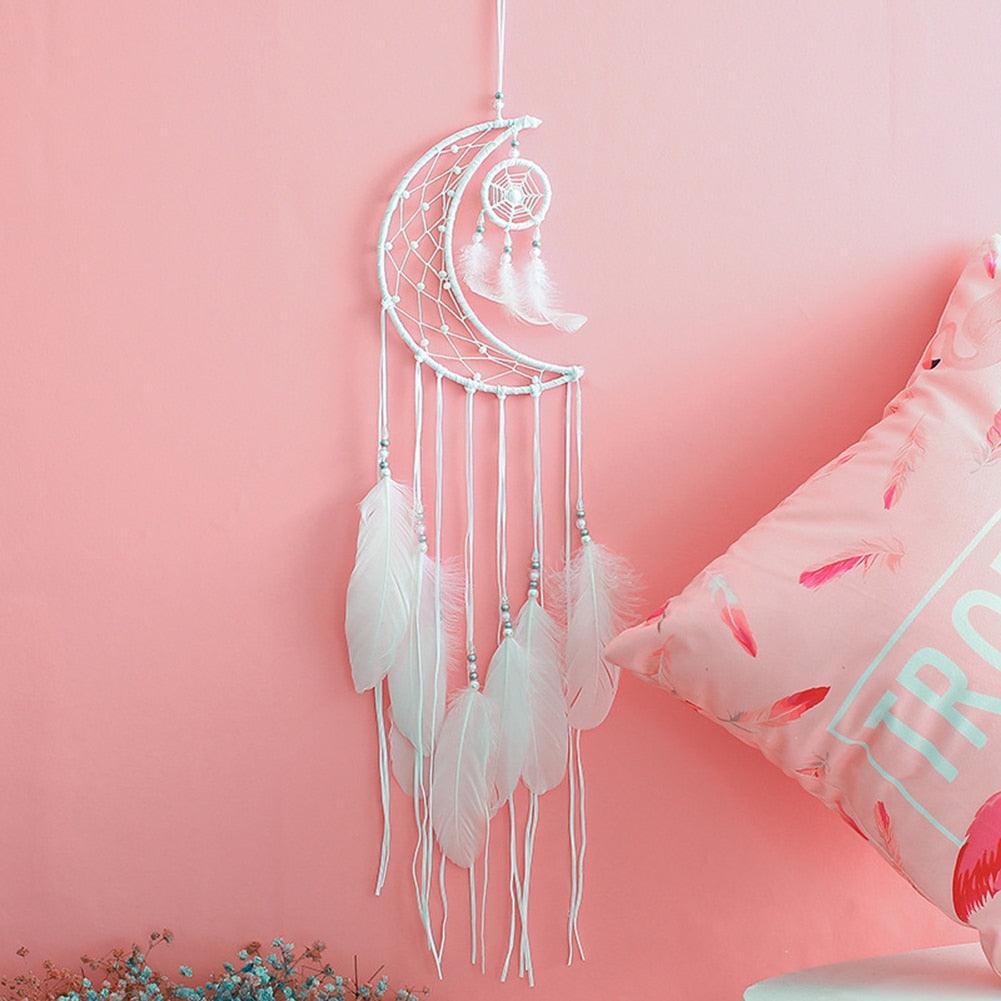 Dream Catcher Wall Decor with White Feathers Indian Style Dream-catcher Moon Handmade Wind Chimes Wall Ornament Girls Room Decoration Feather Dream Catcher For Kids Women Wedding Bohemian Wall Decor