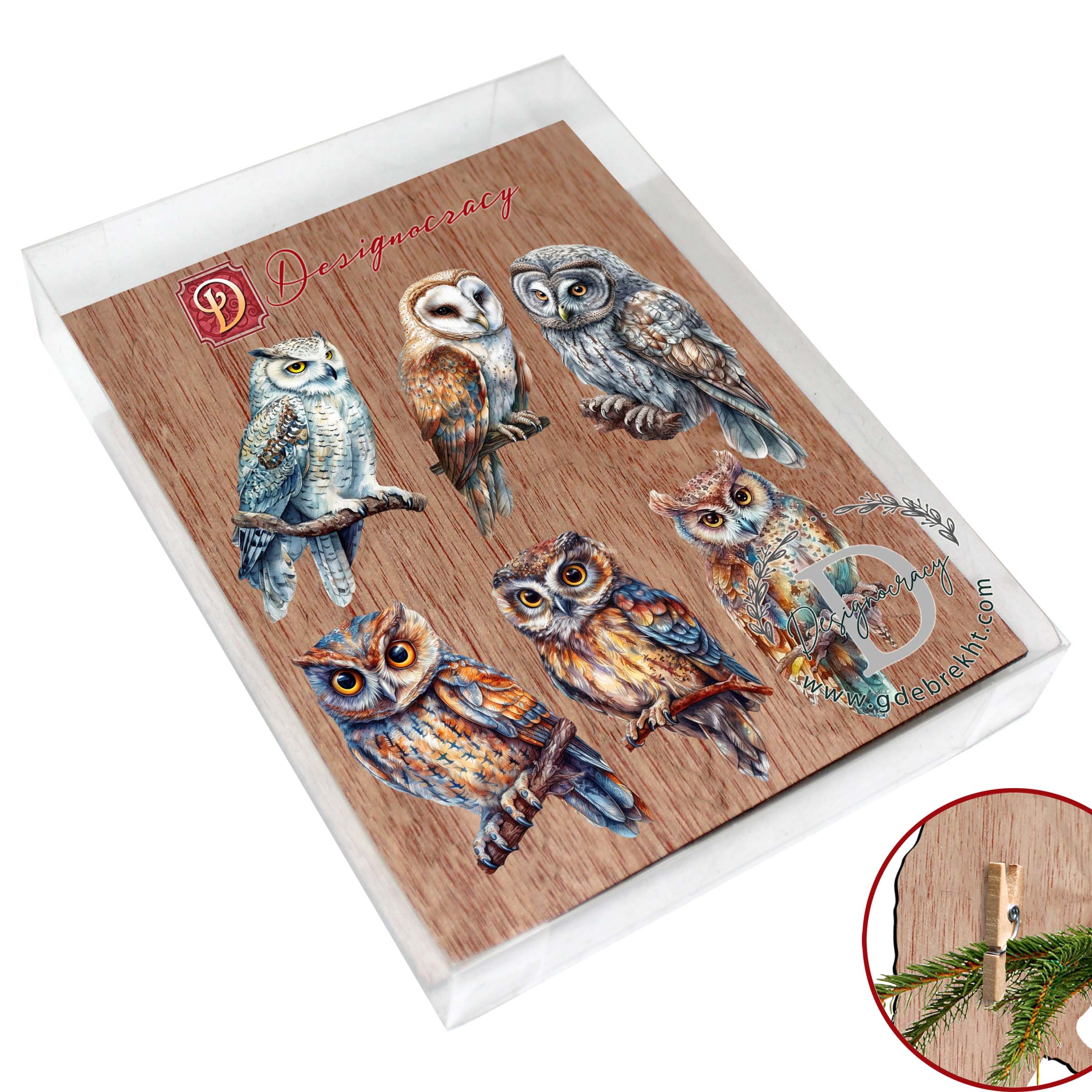 Night Owls Clip-On Eco Wood Decorative Ornaments Set of 6 by G. Debrekht - Christmas Decor - 8090004C-S6