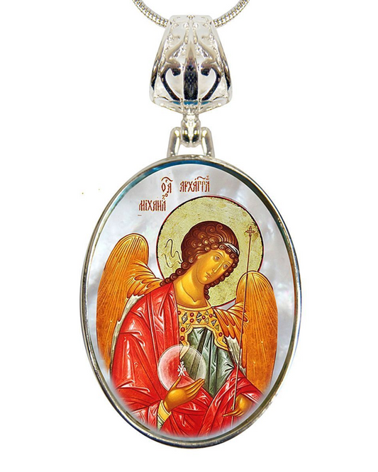Saint Michael the Archangel Silver Plated Mother of Pearl Necklace - 43027O