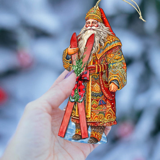 Santa's Skiing Adventure Wooden Ornaments by G. Debrekht - Christmas Santa Snowman Decor - 8691403