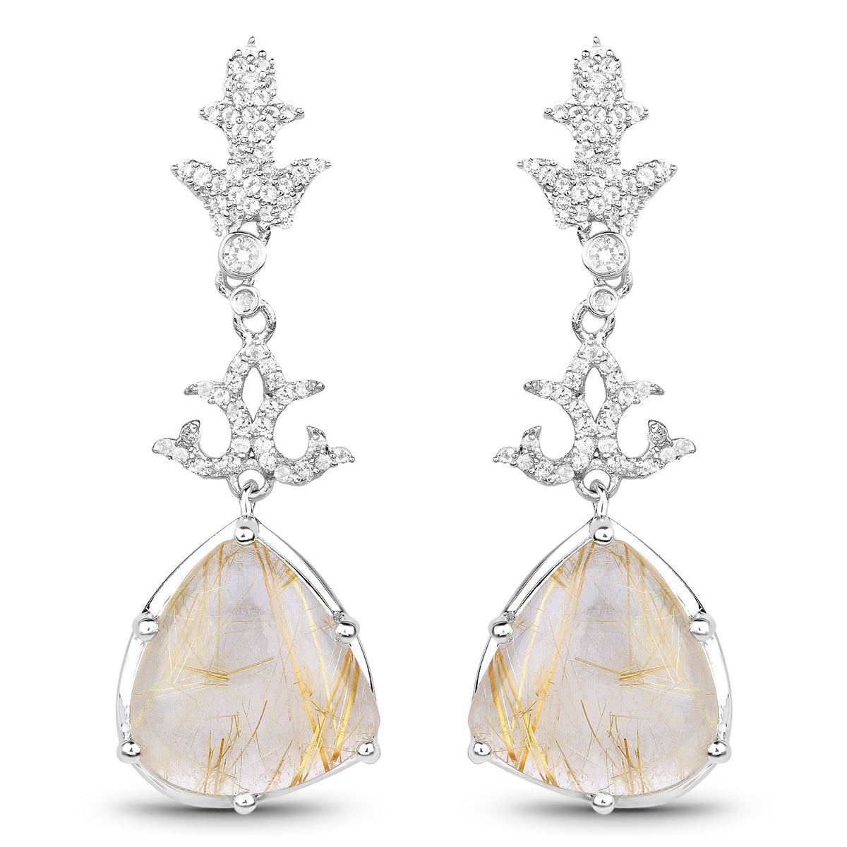 15.97 Carat Genuine Golden Rutile And White Topaz .925 Sterling Silver Earrings