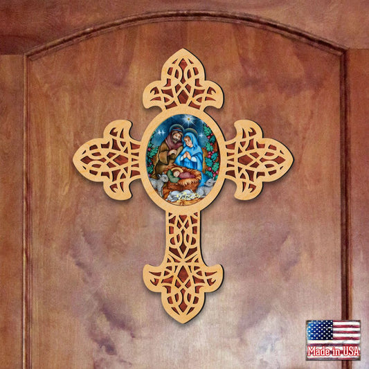 Village Nativity Pointy Wooden Cross by Museum Icons - Inspirational Icon Decor - 88389