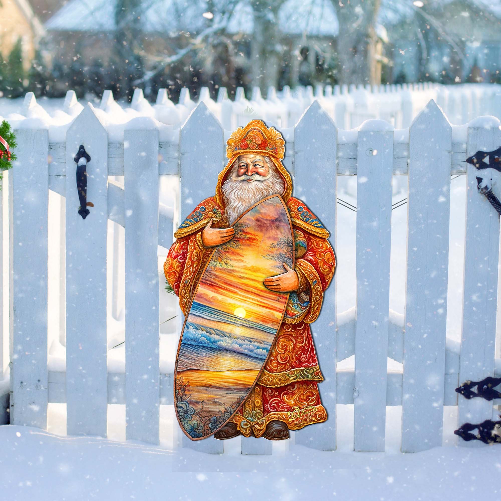 Santa's Tropical Surf Ride Holiday Door Decor by G. Debrekht - Christmas Santa Snowman Decor - 8691413H