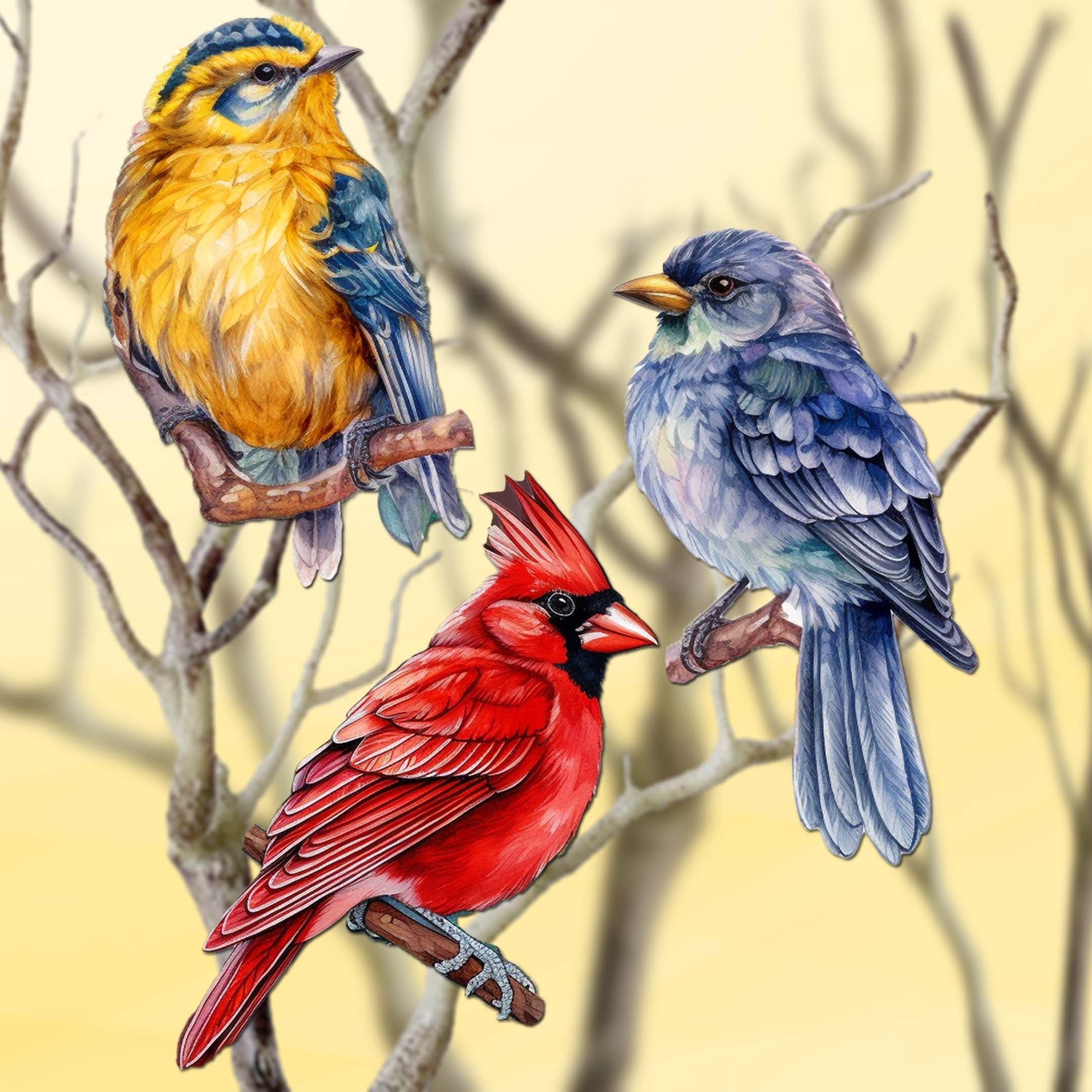 Forest Birds Decorative Eco Wood Ornaments Set of 3 by G. Debrekht - Nature Wildlife Decor - 8091005-S3