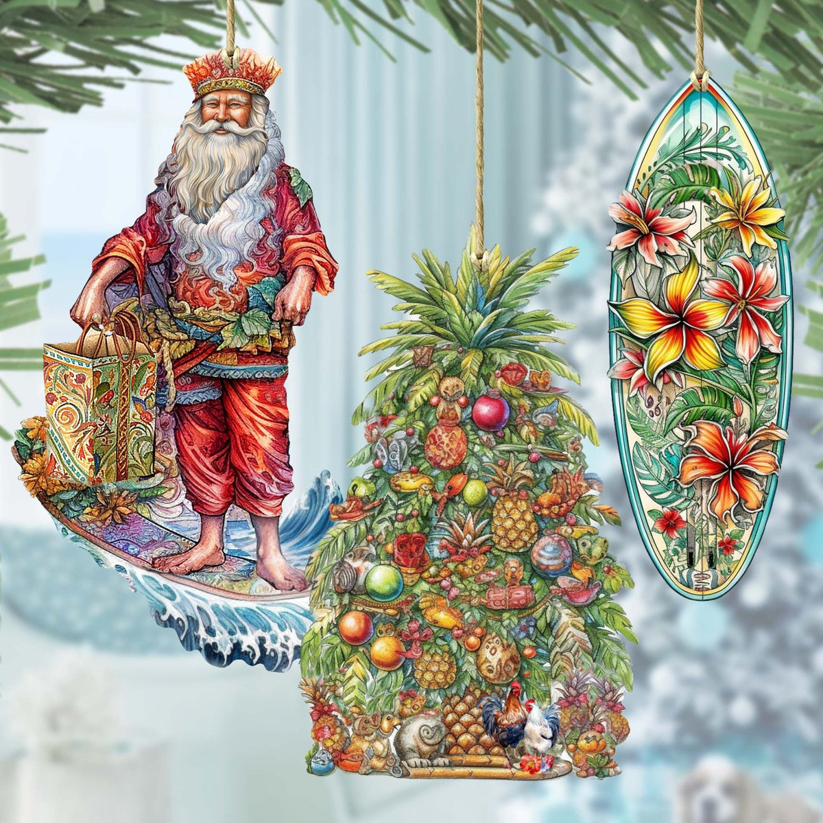 Santas Around the World - Hawaiian Inspired Santa - Eco Wood Ornaments Set of 3 by G. DeBrekht Christmas Santa Snowman Decor - 8091313S3