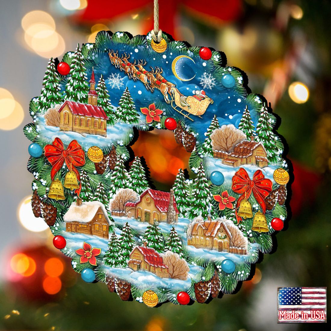 Up-Up Wreath Wooden Ornaments by G. DeBrekht - Christmas Santa Snowman Decor - 8185315