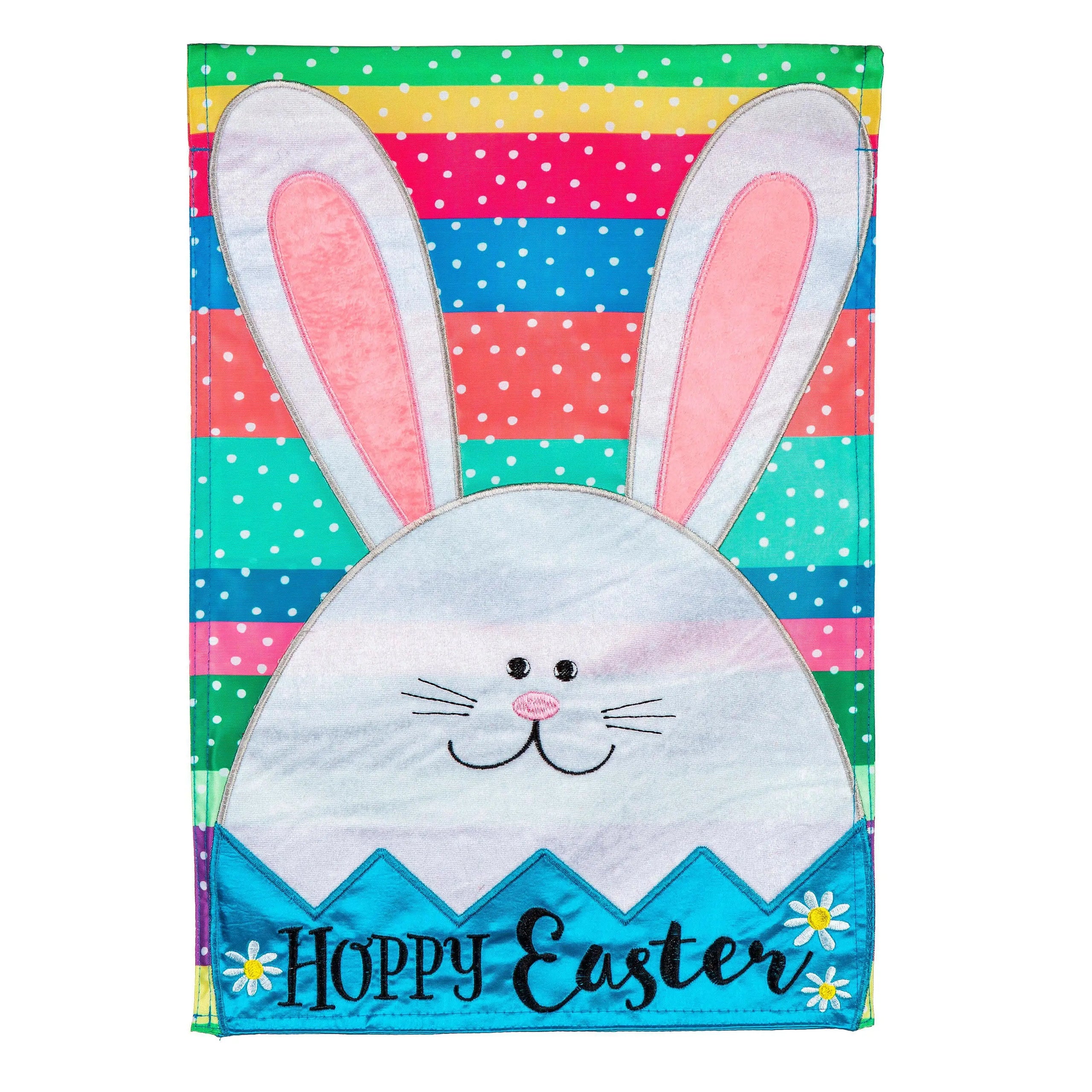 Easter egg bunny applique house flag with a cheerful white bunny and colorful striped background with hoppy easter text
