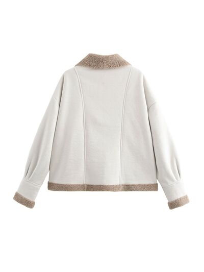 Fuzzy Collared Neck Long Sleeve Jacket with Buttoned Closure and Cozy Pockets