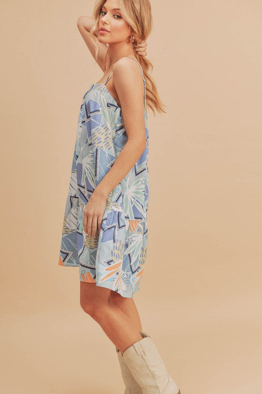 New Summer Printed Ruffled Hem Square Neck Mini Cami Dress For Women – Stylish and Chic Square Neck Mini Dress with Feminine Ruffled Hem