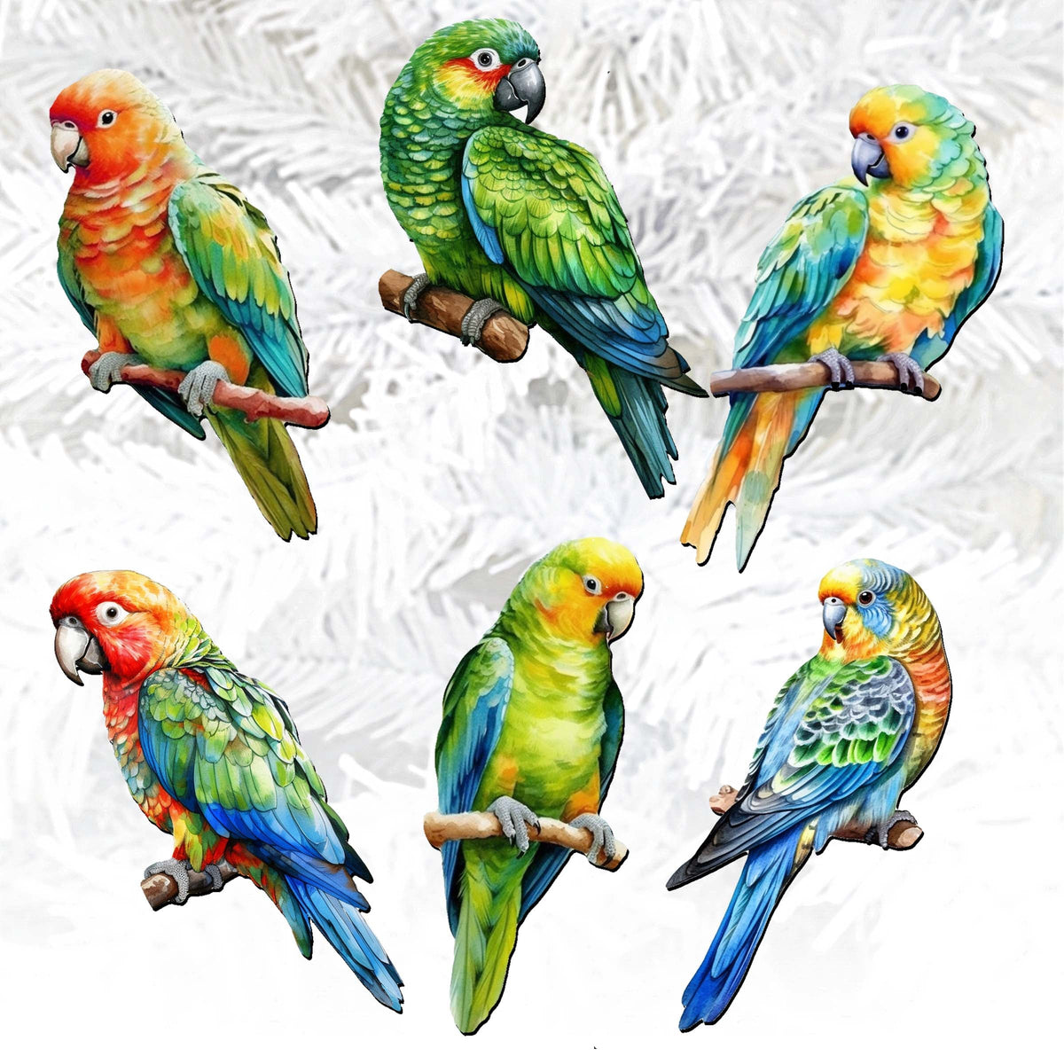 Parrots Clip-On Eco Wood Decorative Ornaments Set of 6 by G. Debrekht - Christmas Decor - 8090013C-S6