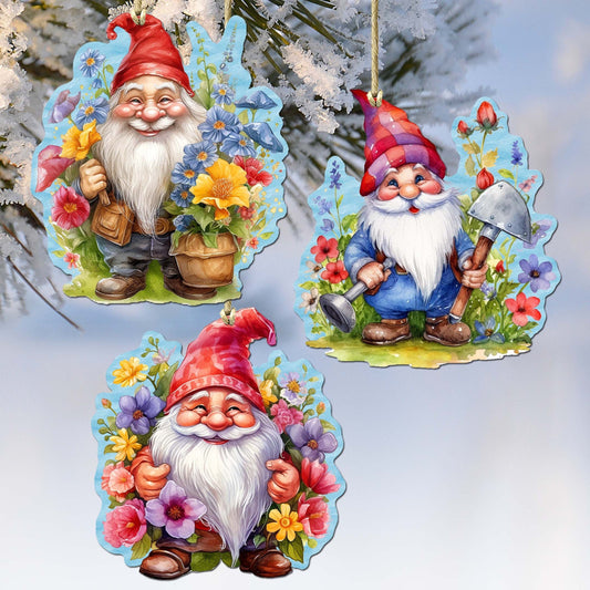 Garden Gnomes Decorative Eco Wood Ornaments Set of 3 by G. Debrekht - Spring Easter Decor - 8091030-S3