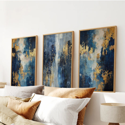 Elegant Navy and Gold Art Set of 3. Contemporary Abstract Prints