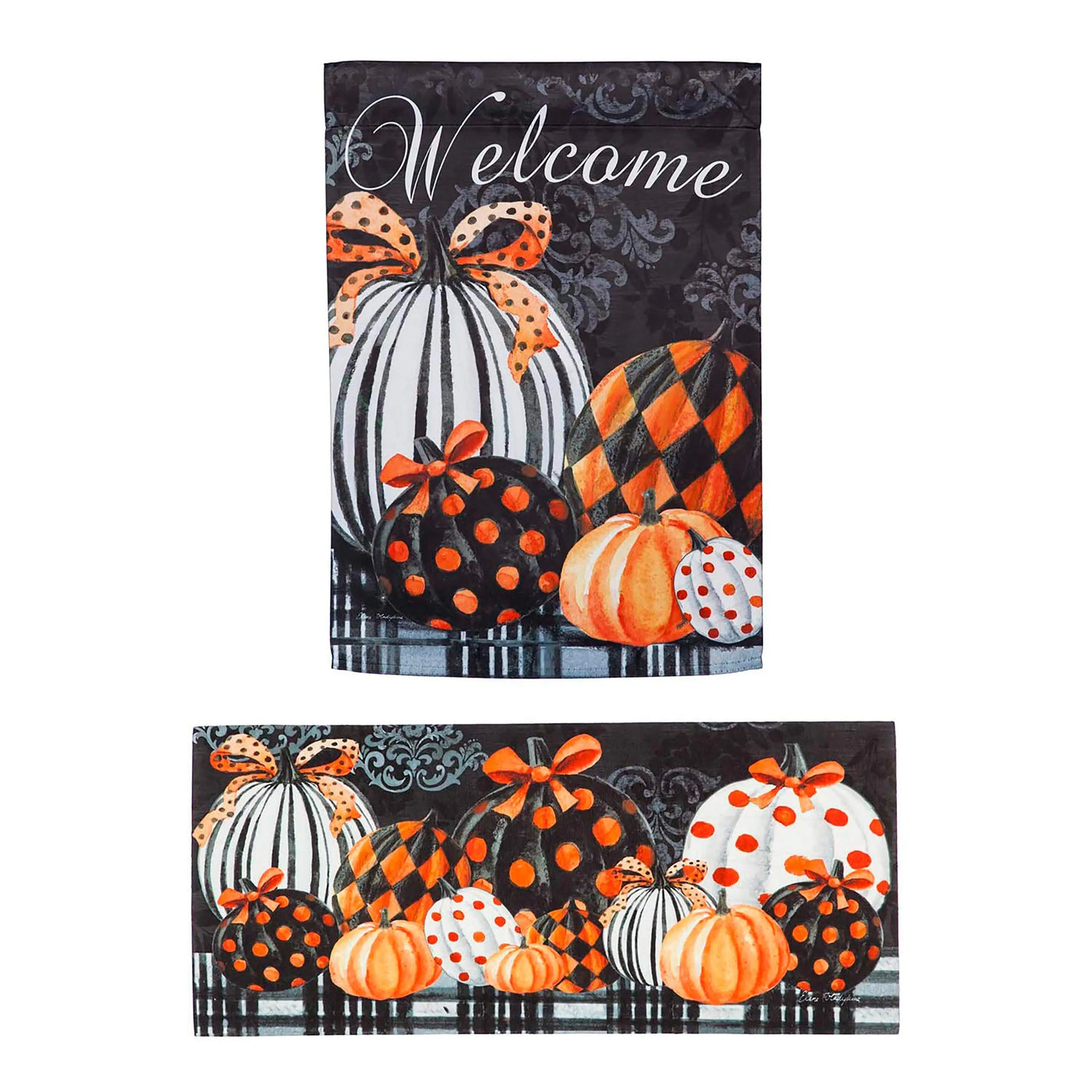 Elegant pattern pumpkins garden suede flag in black and orange with striped polka-dotted and checkered pumpkins with bows