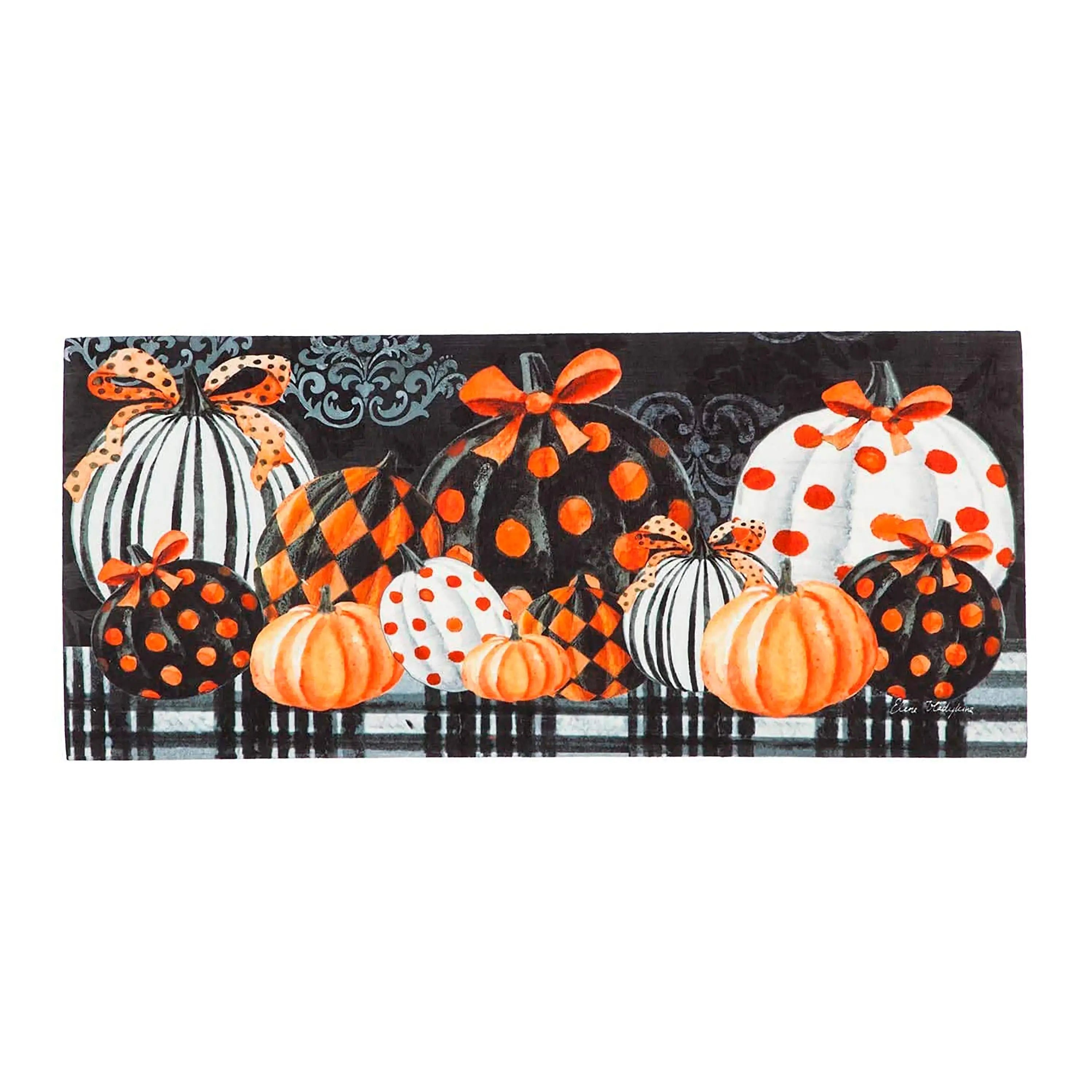 Elegant pattern pumpkins garden suede flag and sassafras mat set with orange black and white patterned pumpkins tied with bows