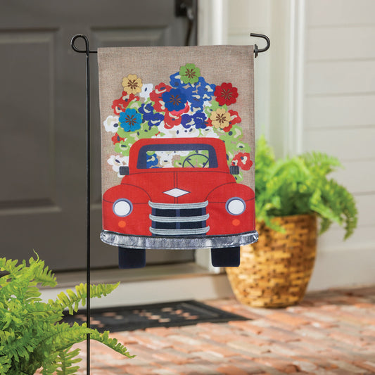 Burlap garden flag, Red Truck Flowers