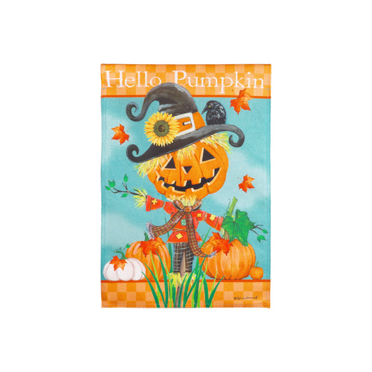 Hello Pumpkin Scarecrow Burlap Garden Flag
