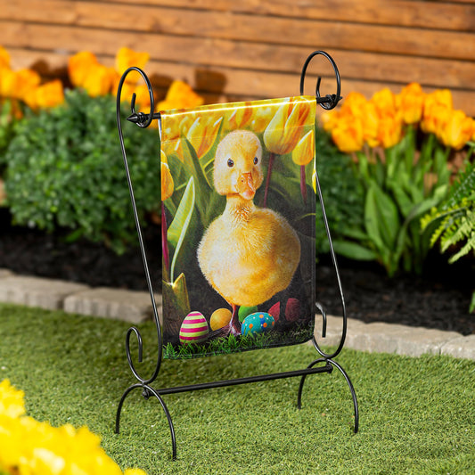 Duckling and Tulips Lustre Garden Flag