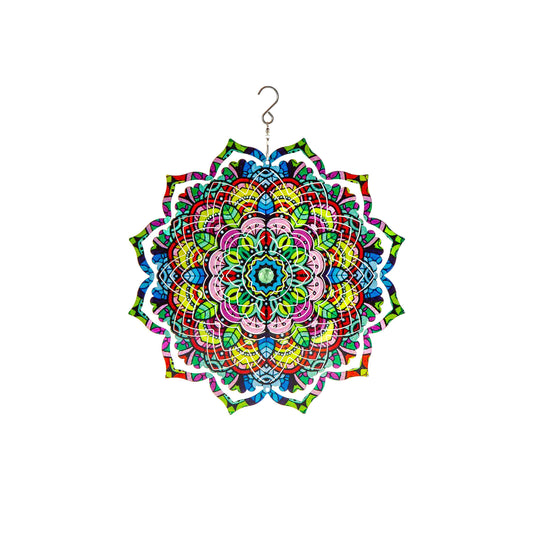 12" 3D Optical Illusion Hanging Metal Spinner, Mandala Flower