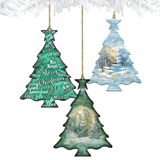 Christmas Tree Wooden Ornaments Set of 3 by G. DeBrekht - Coastal Holiday Decor - 8100049S3