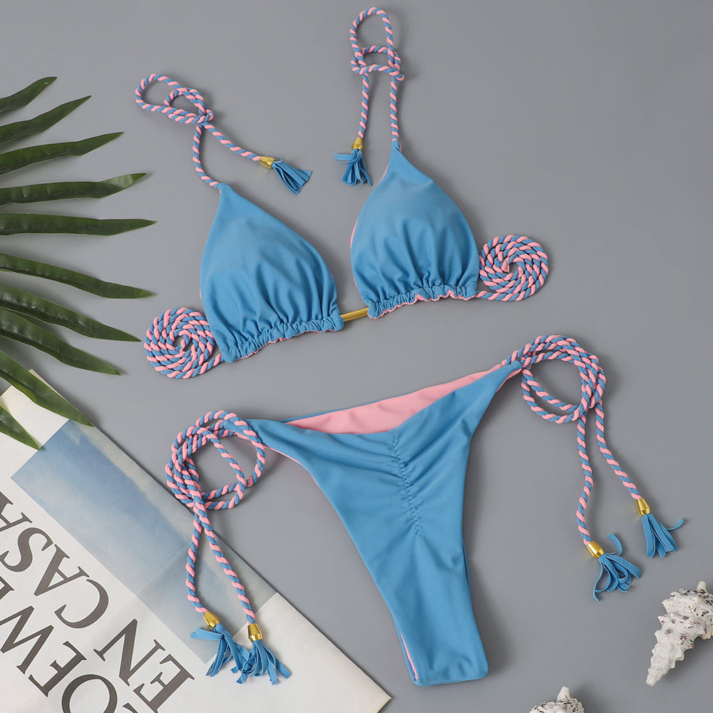 New Festival Flame Halter Bikini Set for Women – Triangle V-Neck Backless Two-Piece Swimsuit with Tie Side Bottoms & Adjustable Lace-Up Fit – Sleek Polyamide Swimwear for Koningsdag/King’s Day & Summer Beach Celebrations