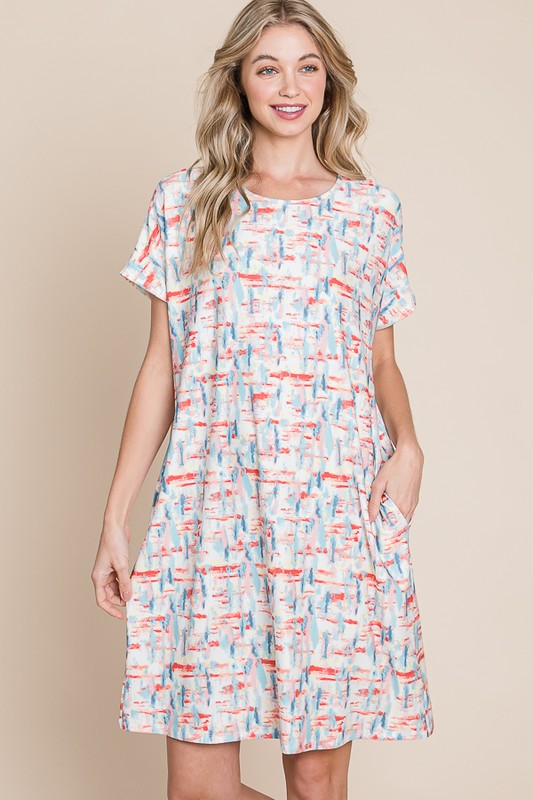 Printed Round Neck Short Sleeve Tee Dress For Women – Casual and Comfortable Dress with Printed Design and Pockets