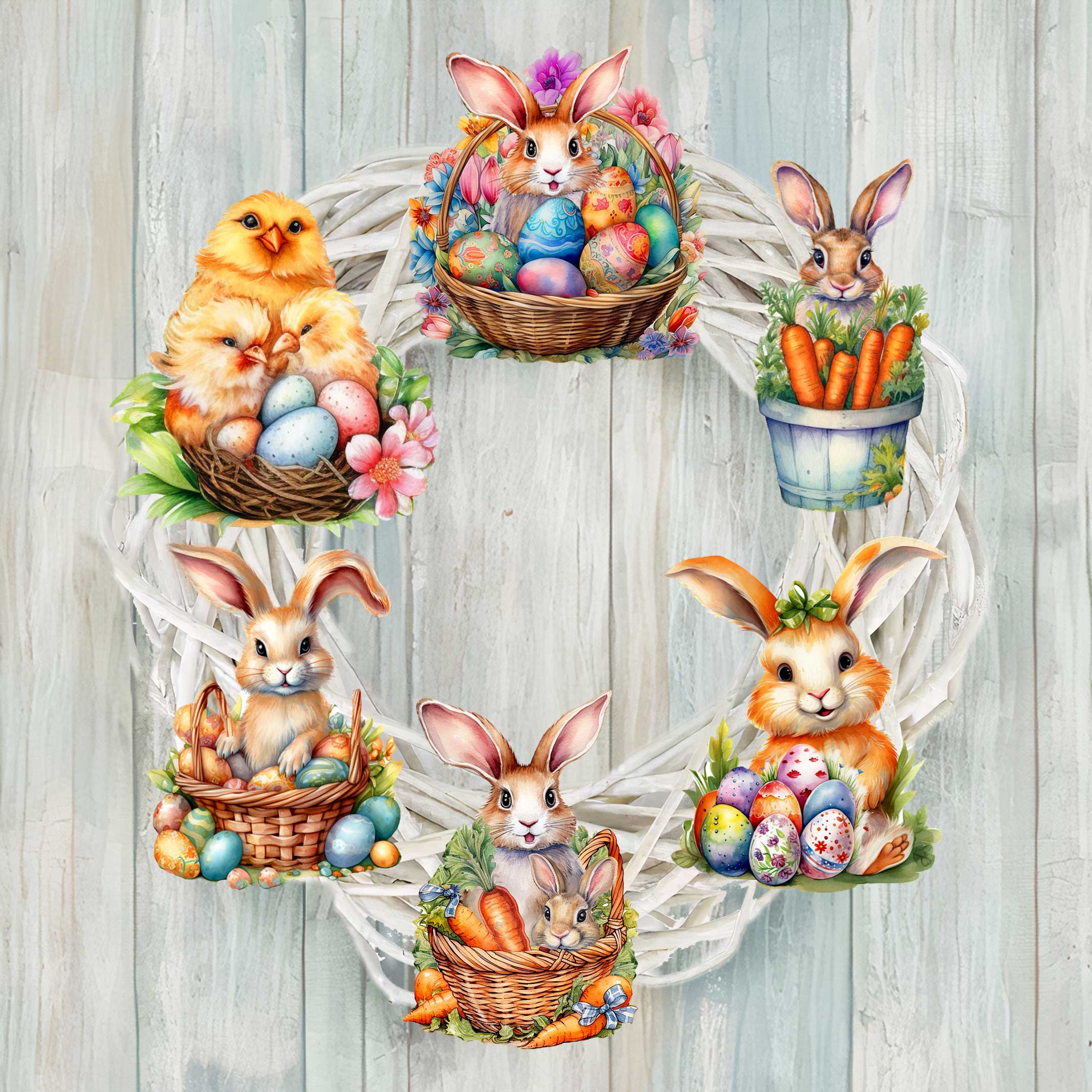 Eggs and Bunnies Clip-On Eco Wood Decorative Ornaments Set of 6 by G. Debrekht - Easter Decor - 8090057C-S6