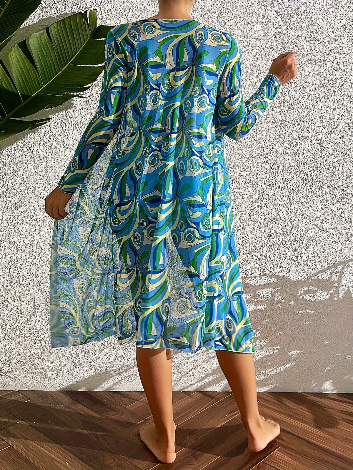 Luxe Lines 3-Piece Geometric Bikini Set for Women – High Rise Drawstring Bikini with Boxer Shorts & Long Sleeve Sheer Kimono Cover-Up – Bold & Breezy Women’s Swimwear for Summer Beach Pool & Getaways
