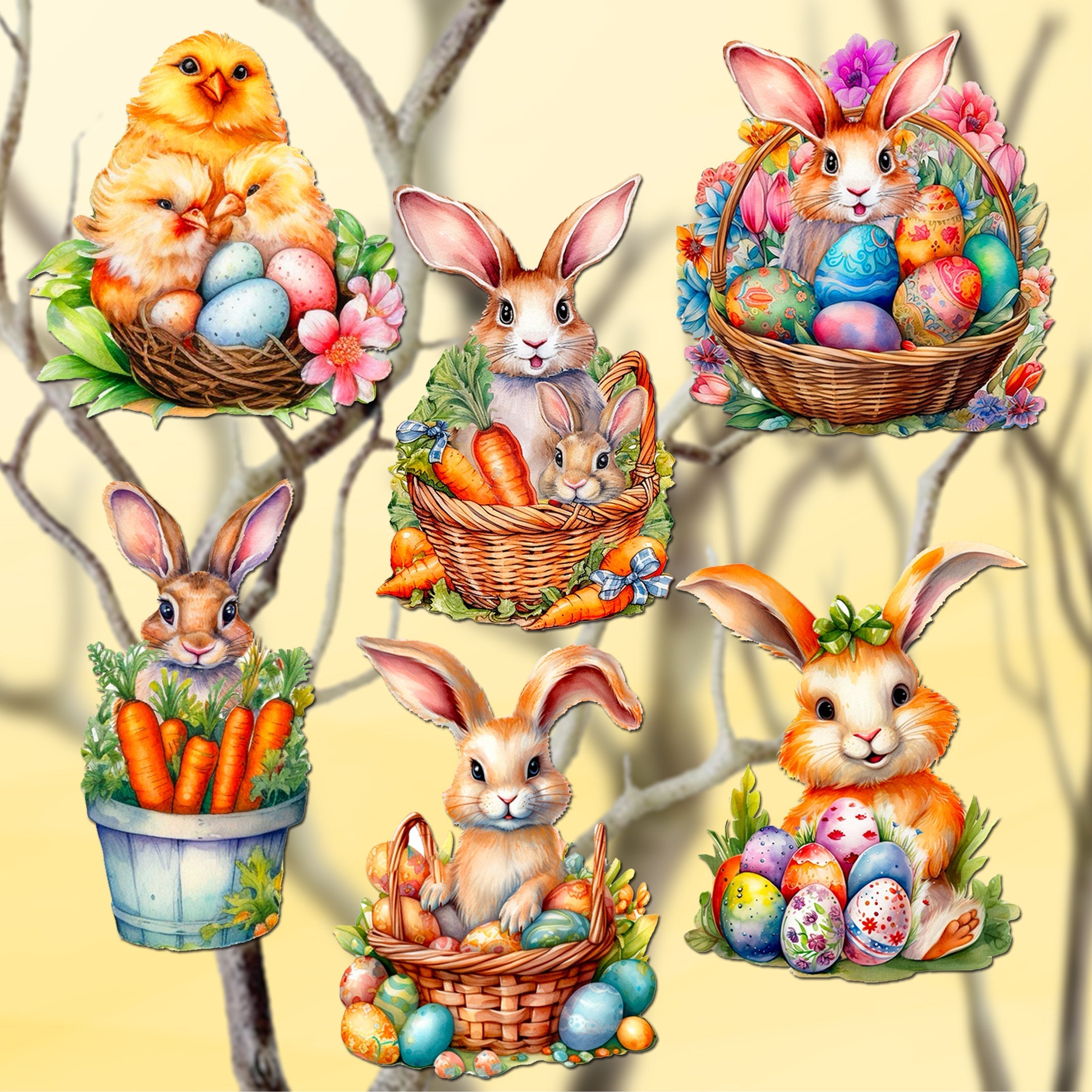Eggs and Bunnies Clip-On Eco Wood Decorative Ornaments Set of 6 by G. Debrekht - Easter Decor - 8090057C-S6