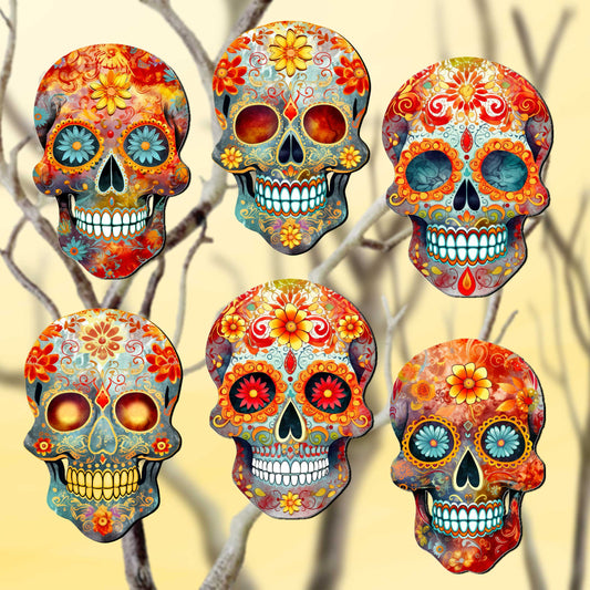 Sugar Skulls Clip-On Eco Wood Decorative Ornaments Set of 6 by G. Debrekht - Halloween Decor - 8090071C-S6
