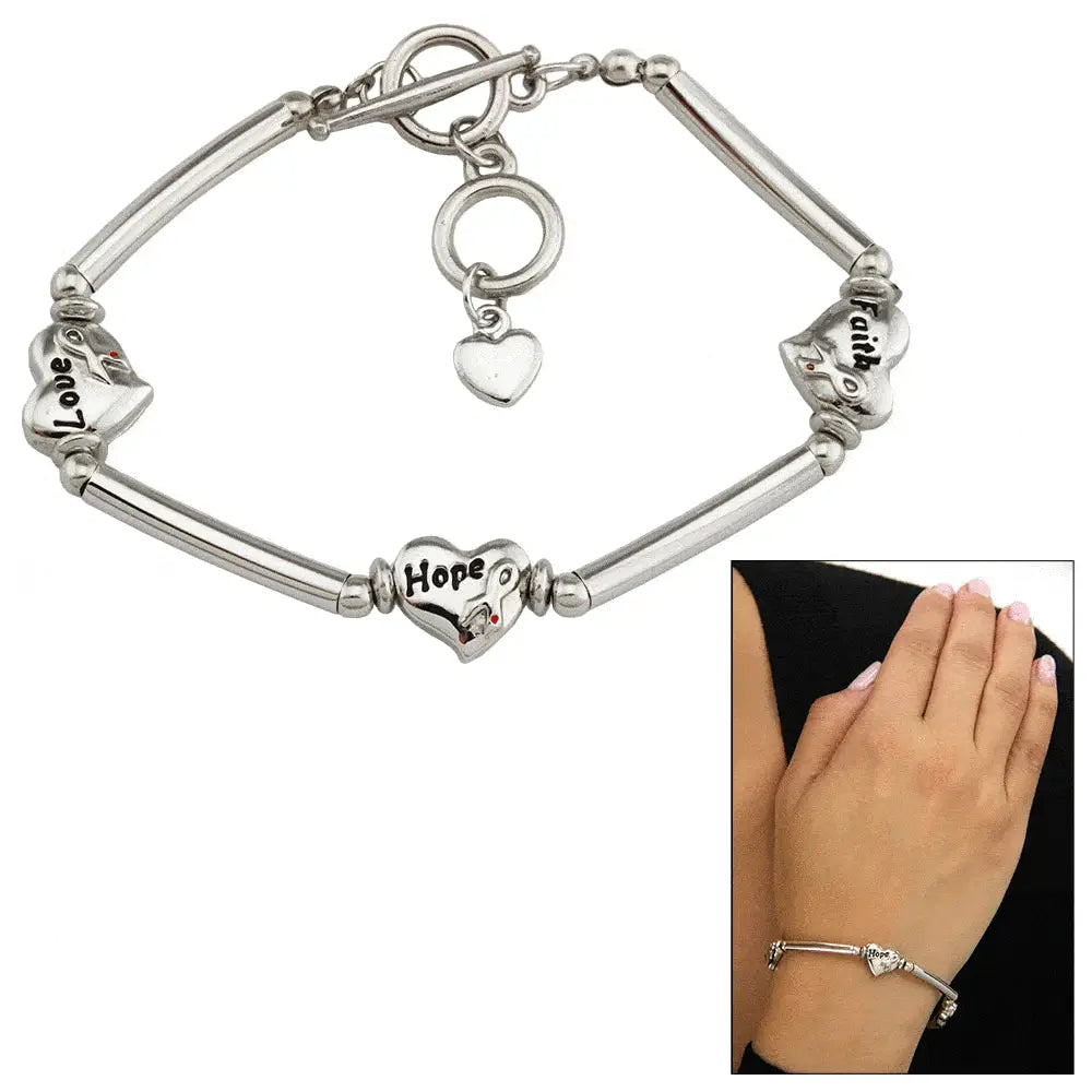 Silver-toned faith hope love diabetes awareness heart bracelet with engraved heart-shaped charms on polished band