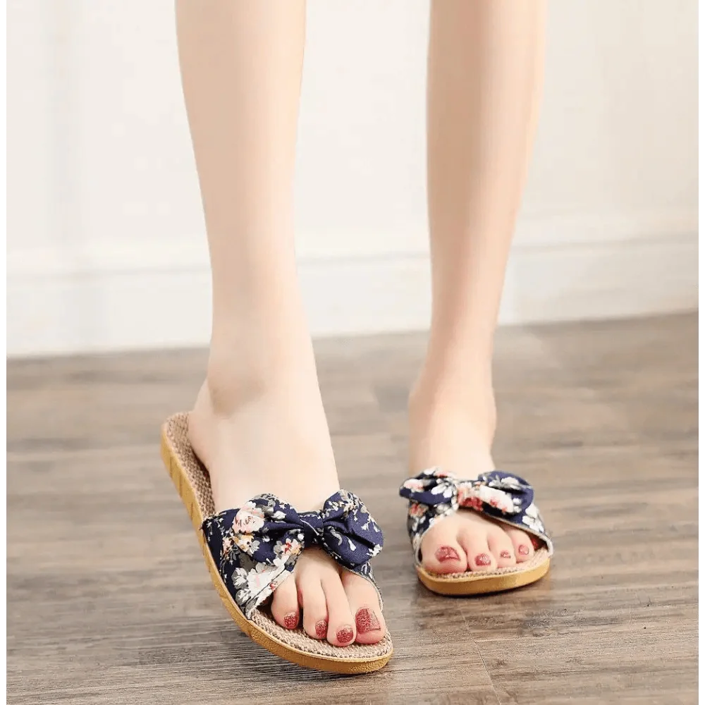 Fashion Woman Beach Floral Pattern Butterfly Knot Slippers Unique Flat Flip Flops Design For Women Outdoor Home Slippers