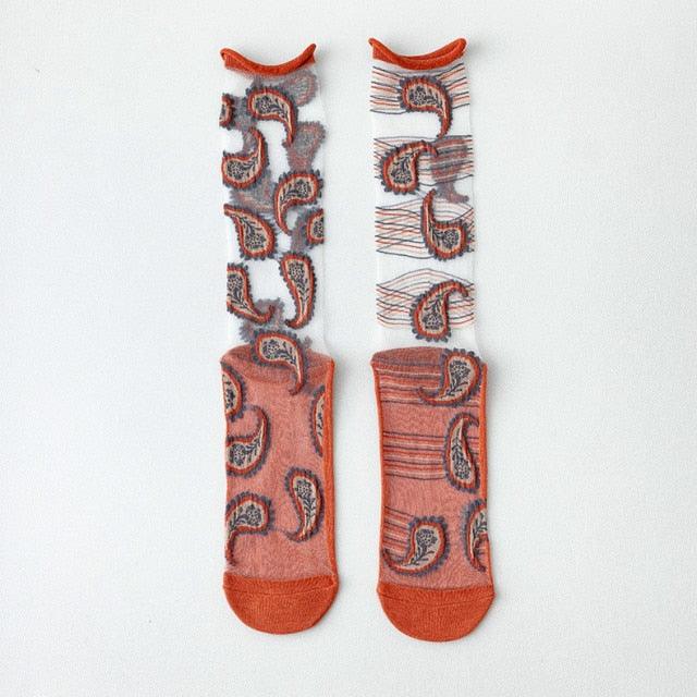 Fashion Women Socks New Spring Summer Mesh Thin Long Printed Socks Women Casual Breathable Fresh Flower Socks Korea Style Color Thin Socks For Women