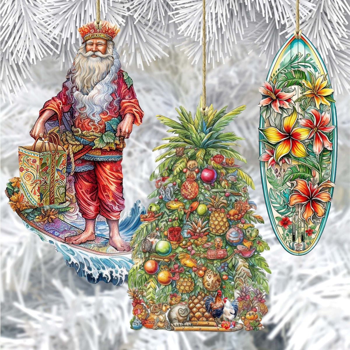Santas Around the World - Hawaiian Inspired Santa - Eco Wood Ornaments Set of 3 by G. DeBrekht Christmas Santa Snowman Decor - 8091313S3