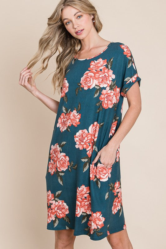 New Summer Floral Round Neck Short Tee Dress with Pockets For Women – Casual and Comfortable Floral Tee Dress with Pockets for Everyday Wear