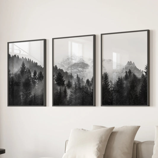Black White Forest Triptych. Misty Mountains Nature Posters