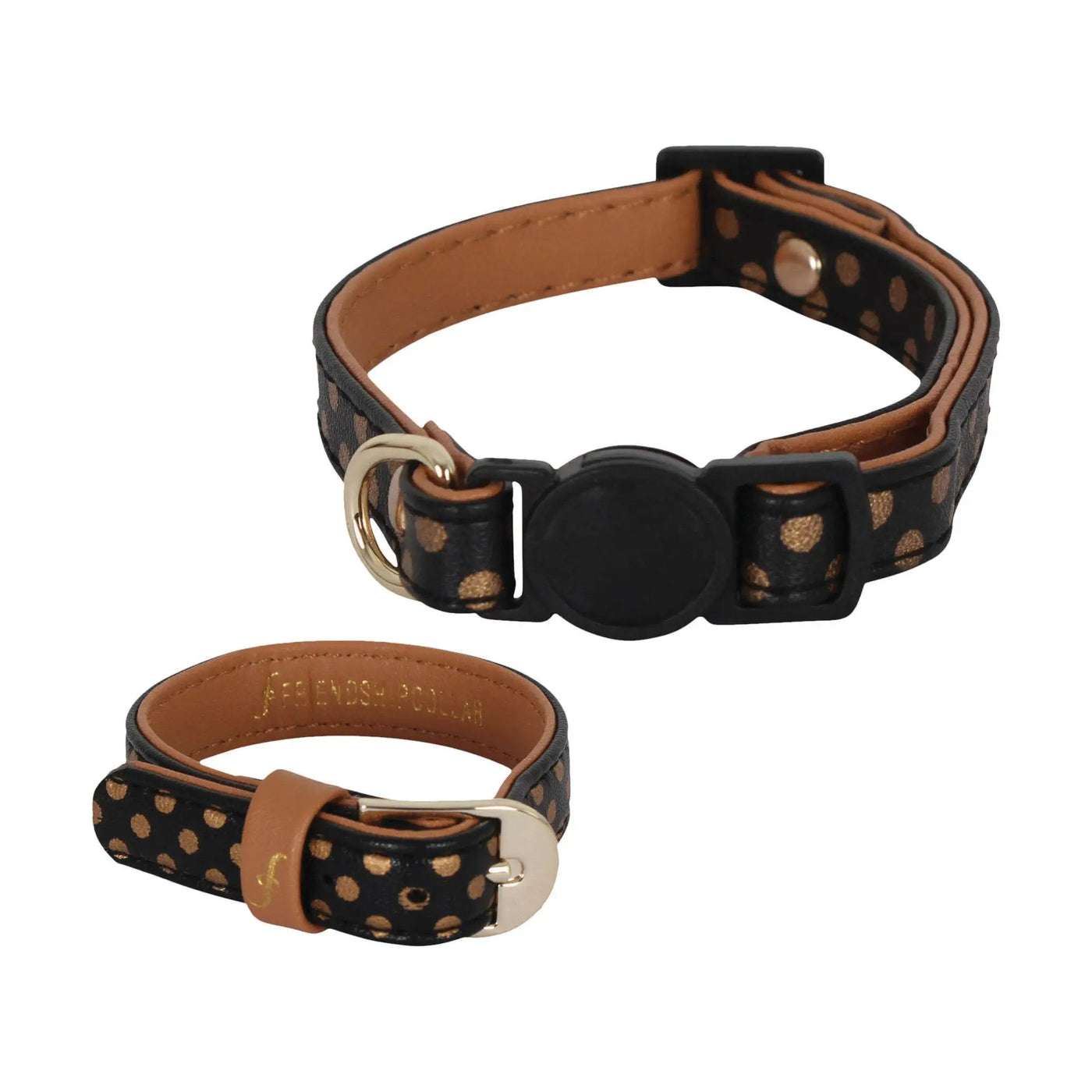 Friendship cat collar and bracelet set in black leather with gold polka dots and tan inner lining with adjustable hardware
