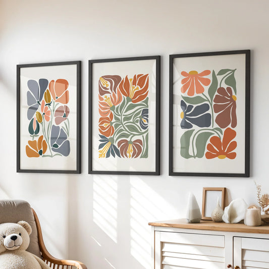 Boho Botanical Set of 3 Wall Art. Abstract Flowers Prints