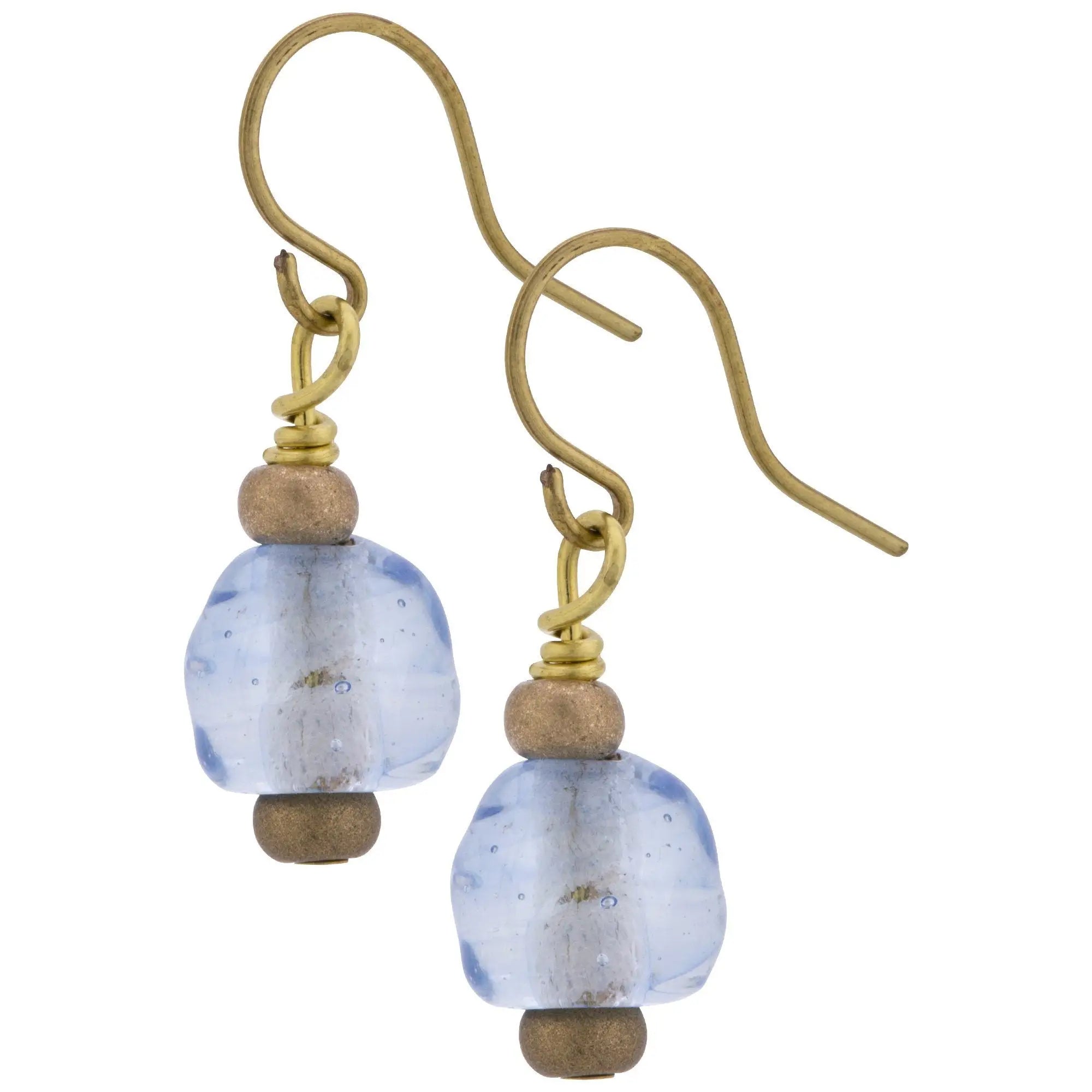 Glass droplet earrings with delicate gold-toned hooks featuring translucent light blue beads and bronze spherical accents