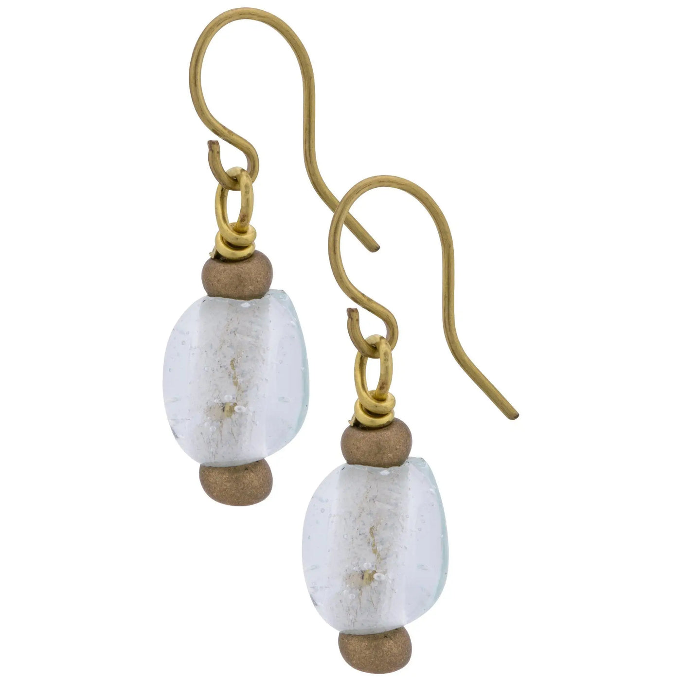 Delicate gold-toned hook glass droplet earrings with translucent oval glass beads and matte brown accent beads