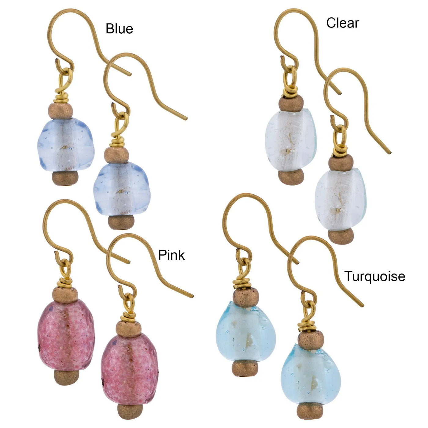 Set of four handcrafted glass droplet earrings in blue clear pink and turquoise with gold hooks and wooden accents